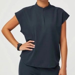 FIGS Women's Dark Harbor Blue/Gray Rafaela Mandarin Collar Scrub Top Medium
